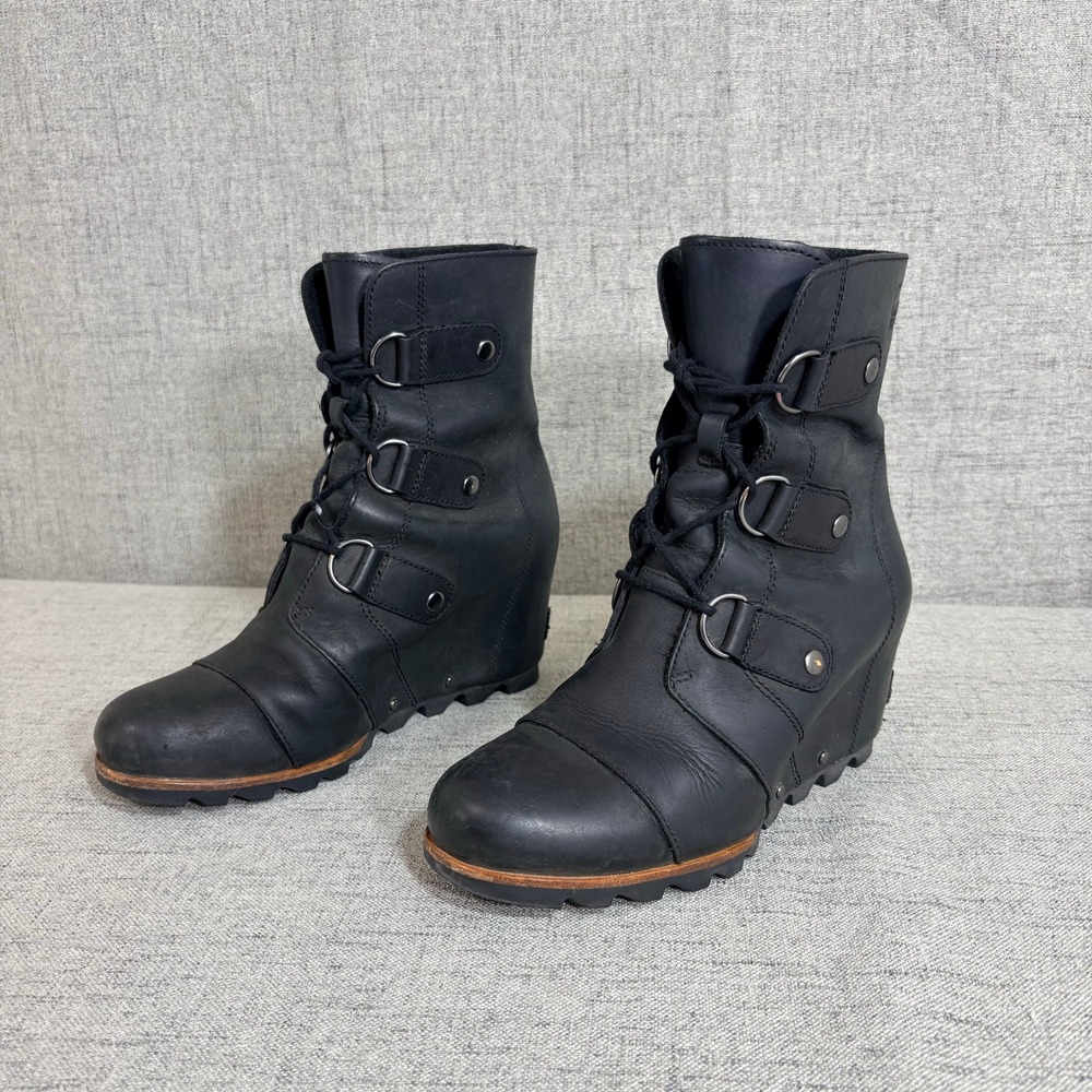 Sorel Joan of Arctic Wedge II Black Leather Lace Up Ankle Boots Women